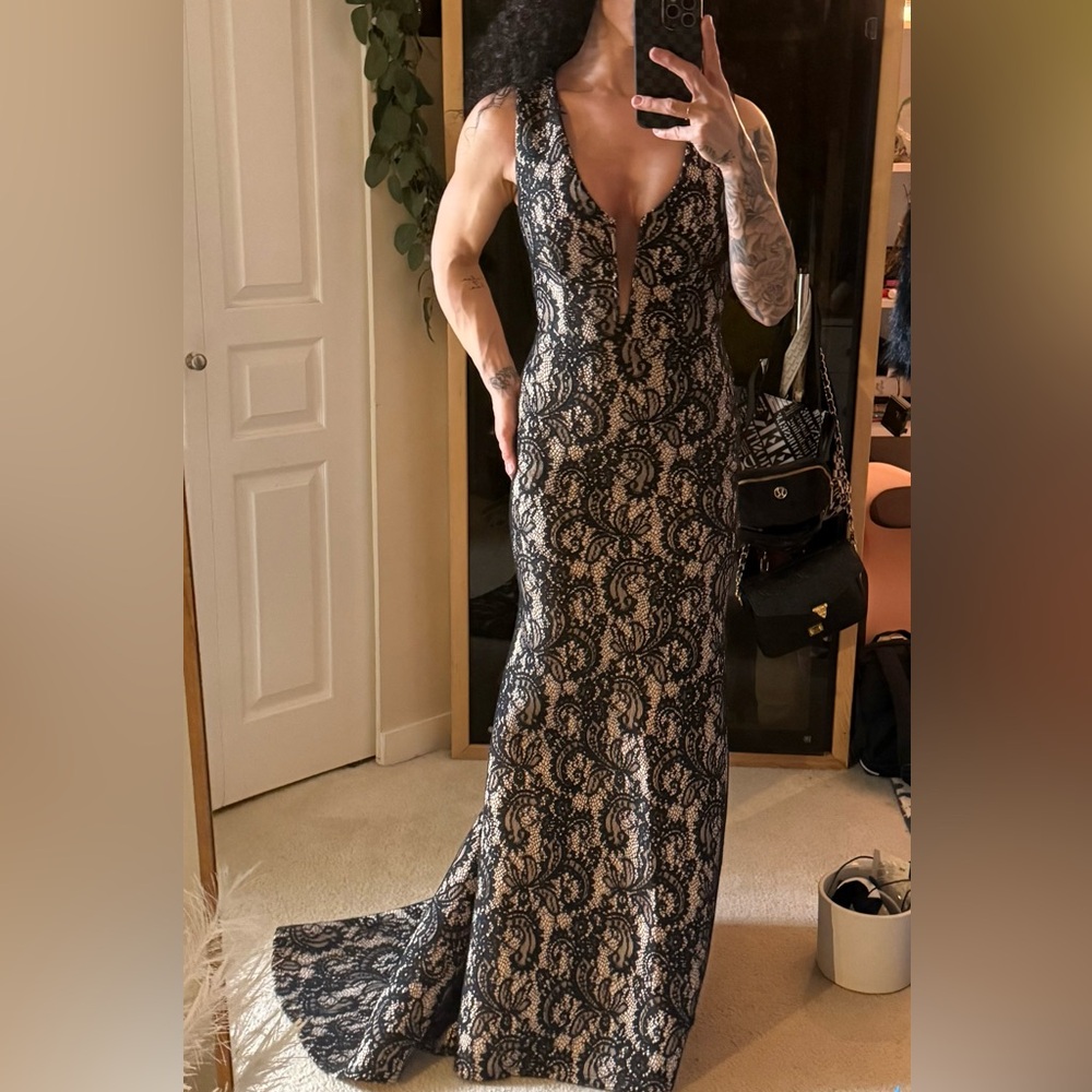 Marciano Black and Cream Lace Formal Gown